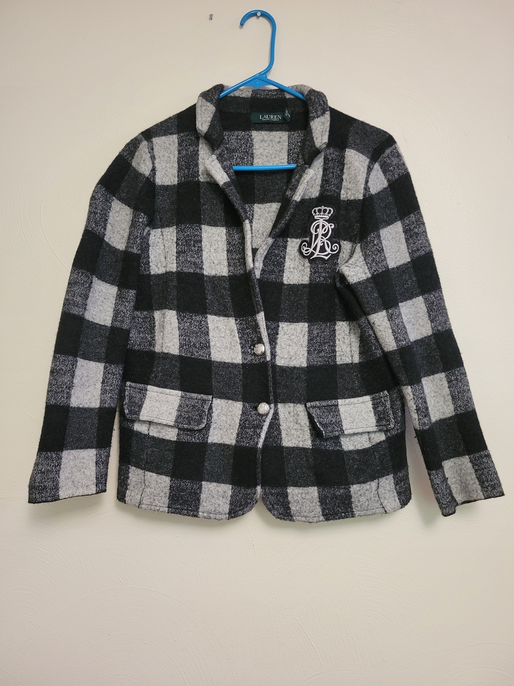 Ralph Lauren Black & Gray Check Plaid Jacket with Crest 100% Wool Size Large